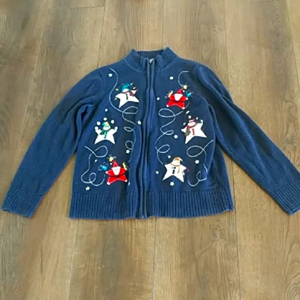 Festive Blue Cardigan with Star Embroidery Applique